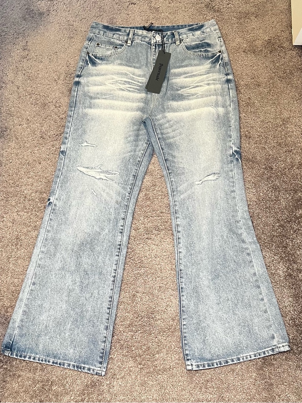 Light Blue Distressed Wide-Leg Jeans -